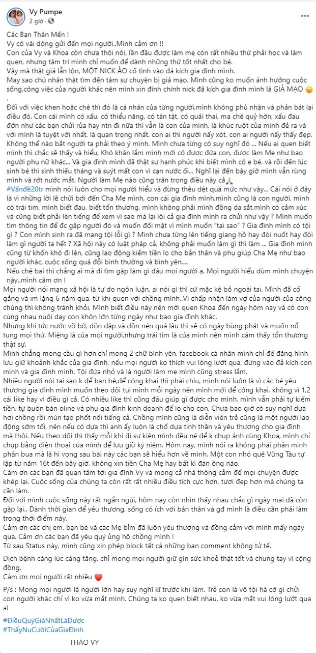 Toàn bộ bài đăng đính chính của vợ Mạc Văn Khoa về lùm xùm treo thưởng 20 triệu để truy ra danh tính kẻ miệt thị con gái mình.