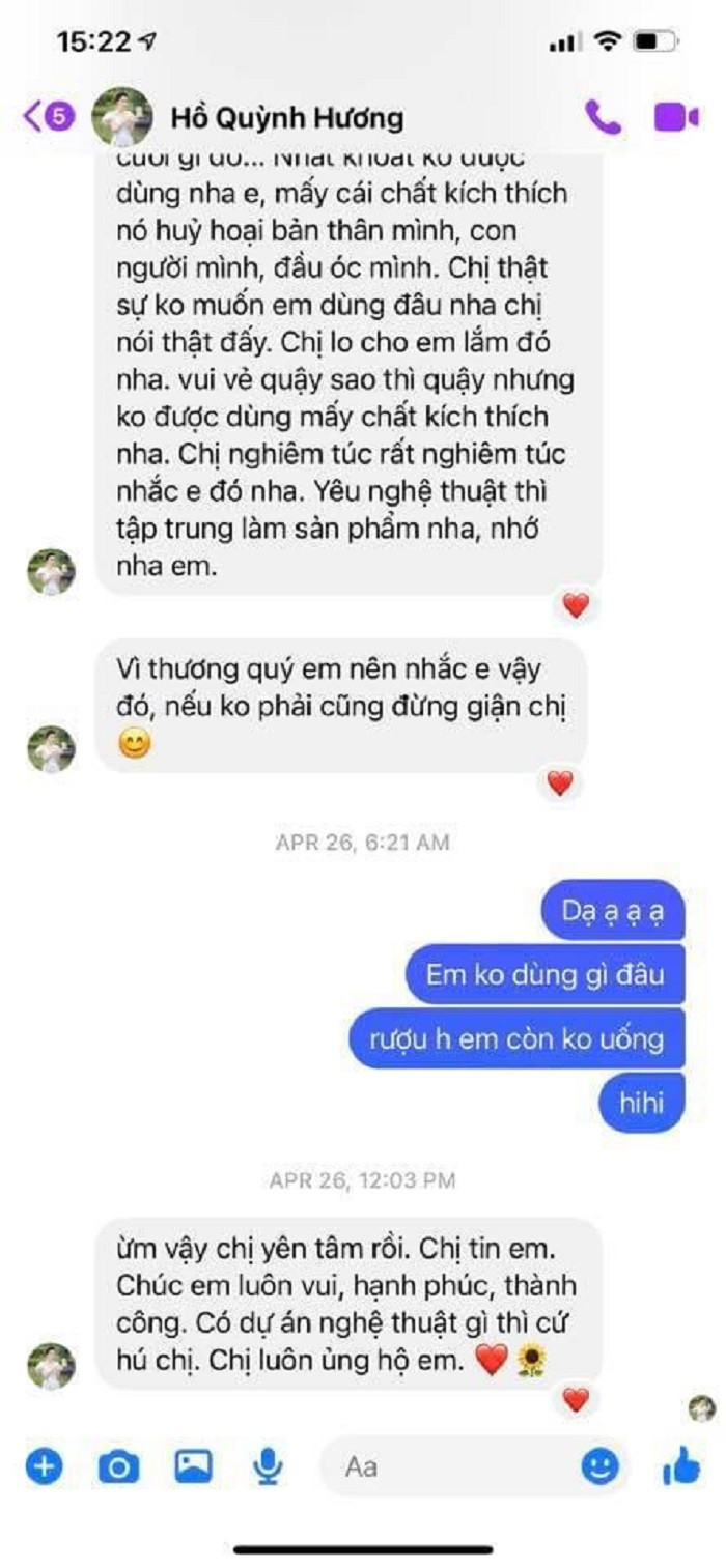 Tin nhắn mà Hồ Quỳnh Hương nhắn nhủ đến 'đàn em' của mình được Nathan Lee chia sẻ cách đây chưa lâu