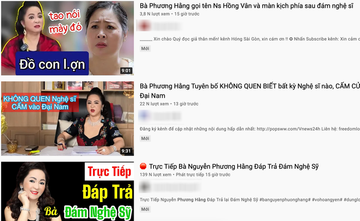Nhiều kênh YouTube lựa chọn hình ảnh và đặt tiêu đề theo hướng gây sốc cho các đoạn livestream của bà Phương Hằng với mục đích câu kéo lượt xem, tăng tương tác. (Ảnh chụp màn hình)