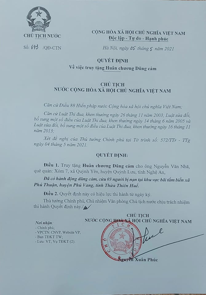 Quyết định truy tặng Huân chương Dũng cảm của Chủ tịch nước cho sinh viên Nguyễn Văn Nhã