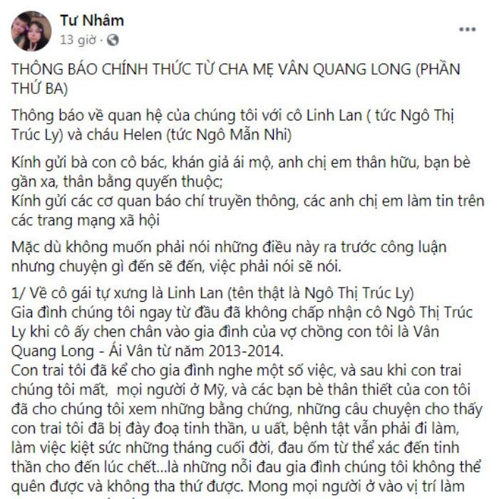 Hậu ồn ào, gia đình Vân Quang Long đanh thép tuyên bố sẽ giải quyết tại tòa án nếu thông tin sai sự thật Ảnh 1