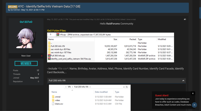 Hacker rao bán công khai 17 GB dữ liệu cá nhân của hàng nghìn người Việt. (Ảnh: VietnamPlus)