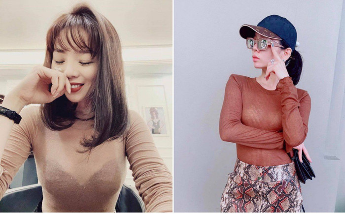 Lần khác, do mê mệt các kiểu áo mỏng mà Lệ Quyên còn để lộ vết hằn áo ngực kém duyên.