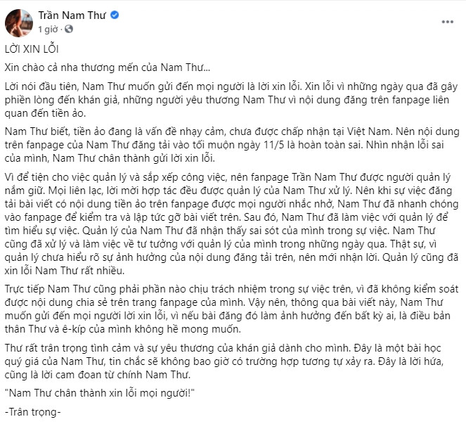 Nam Thư đăng đàn, lên tiếng xin lỗi sau scandal PR tiền ảo.
