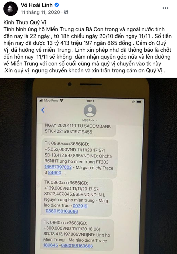 Hoài Linh từng công khai việc quyên góp được 13,4 tỷ tiền ủng hộ miền Trung.