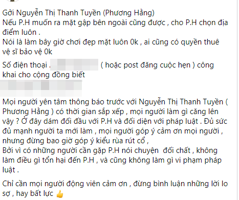 Tài khoản Huỳnh Ngọc Thiên Hương muốn gặp mặt bà Phương Hằng.