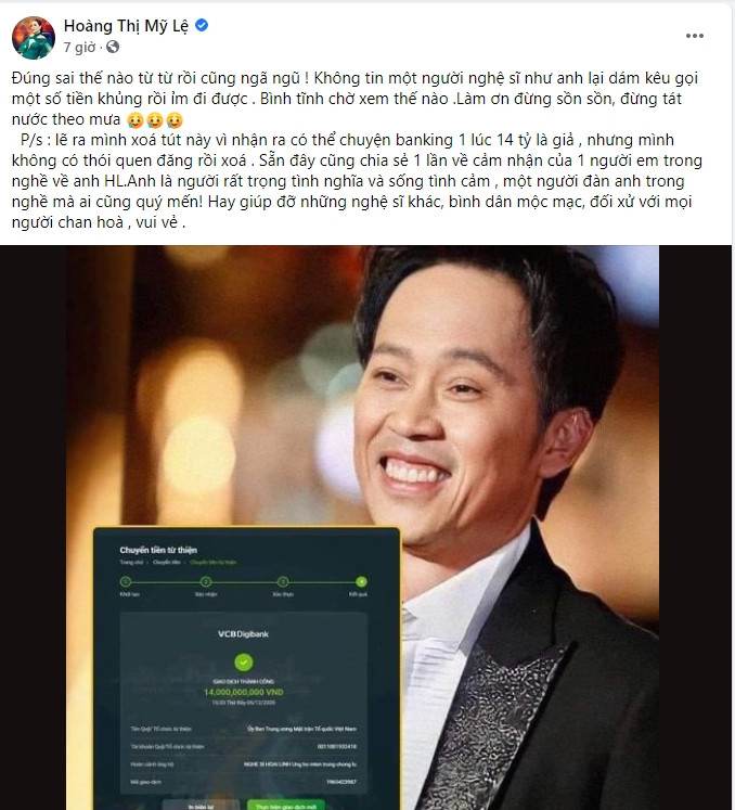 Toàn bộ bài đăng lên tiếng bênh vực Hoài Linh của ca sĩ Mỹ Lệ.