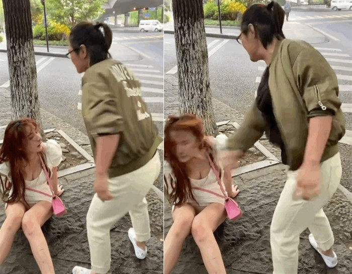 Tiểu Bùi bị nữ tài xế tát ngã dúi dụi.