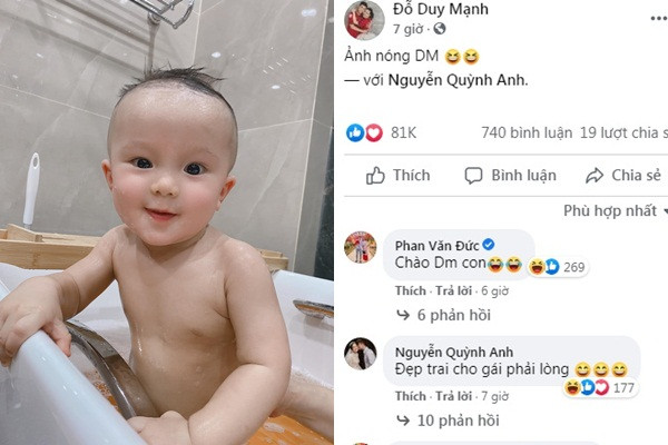 Con trai 9 tháng tuổi của Duy Mạnh kháu khỉnh 'đốn tim' dân mạng.