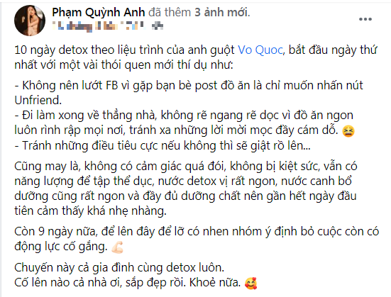 Phạm Quỳnh Anh khiến dân tình thích thú khi chia sẻ những thói quen trong chuỗi ngày giảm cân.
