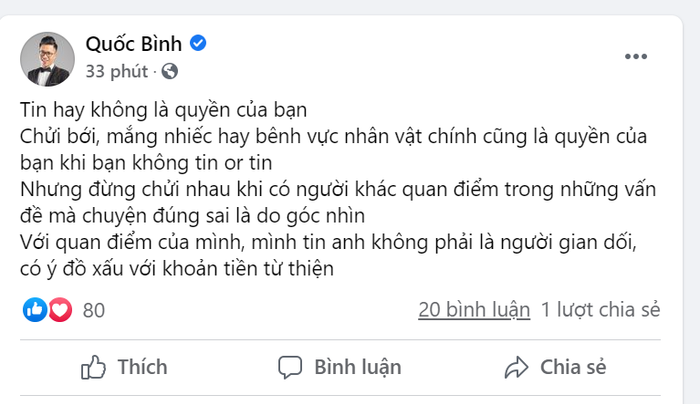 Bài đăng mới nhất của MC Quốc Bình trên trang cá nhân