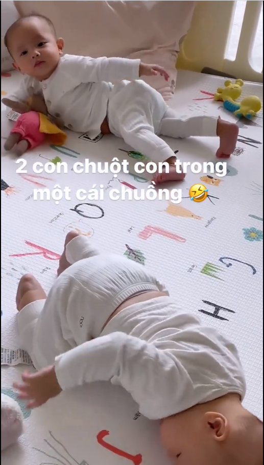 Leon và Lisa mỗi người một góc nằm chơi trong cũi.