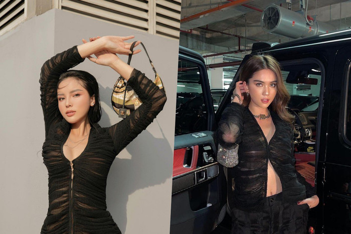 Trong khi đó, Ngọc Trinh nhẹ nhàng hơn khi buông lơi vài nút dưới, nửa kín, nửa hở.