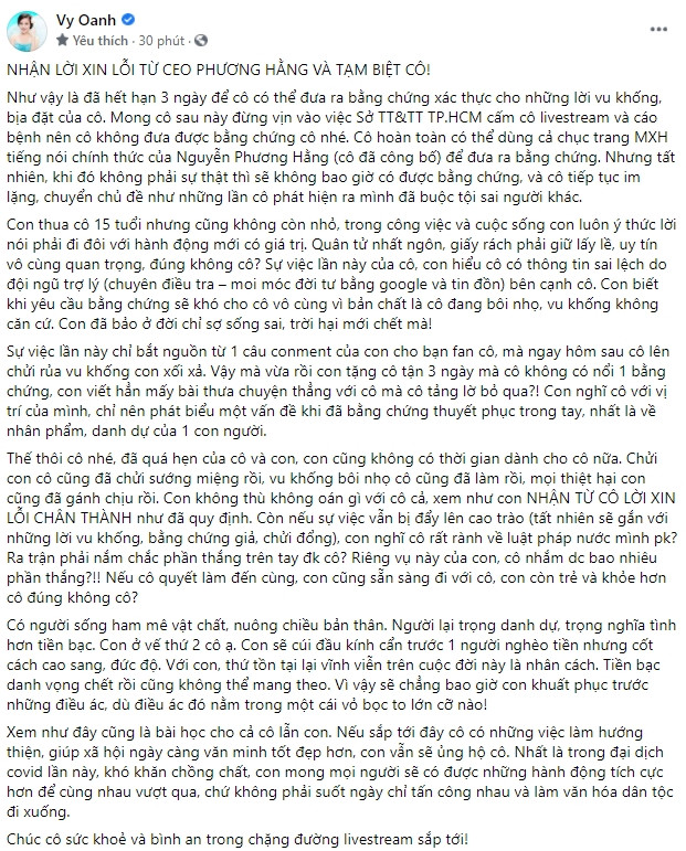 Hiện tại, bài đăng của Vy Oanh chốt hạ mọi lùm xùm vẫn đang nhận được nhiều sự chú ý của khán giả.