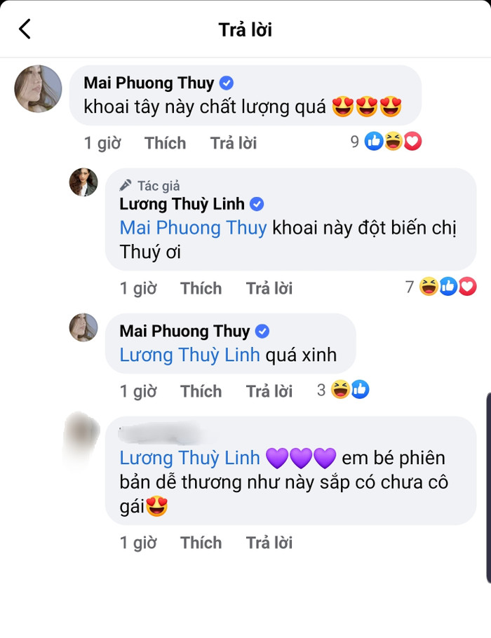 Mai Phương Thúy cũng phải dành lời khen cho nhan sắc của người đẹp, cô viết: 'Khoai tây này chất lượng quá'. Lương Thùy Linh có nick name là potato - củ khoai tây.