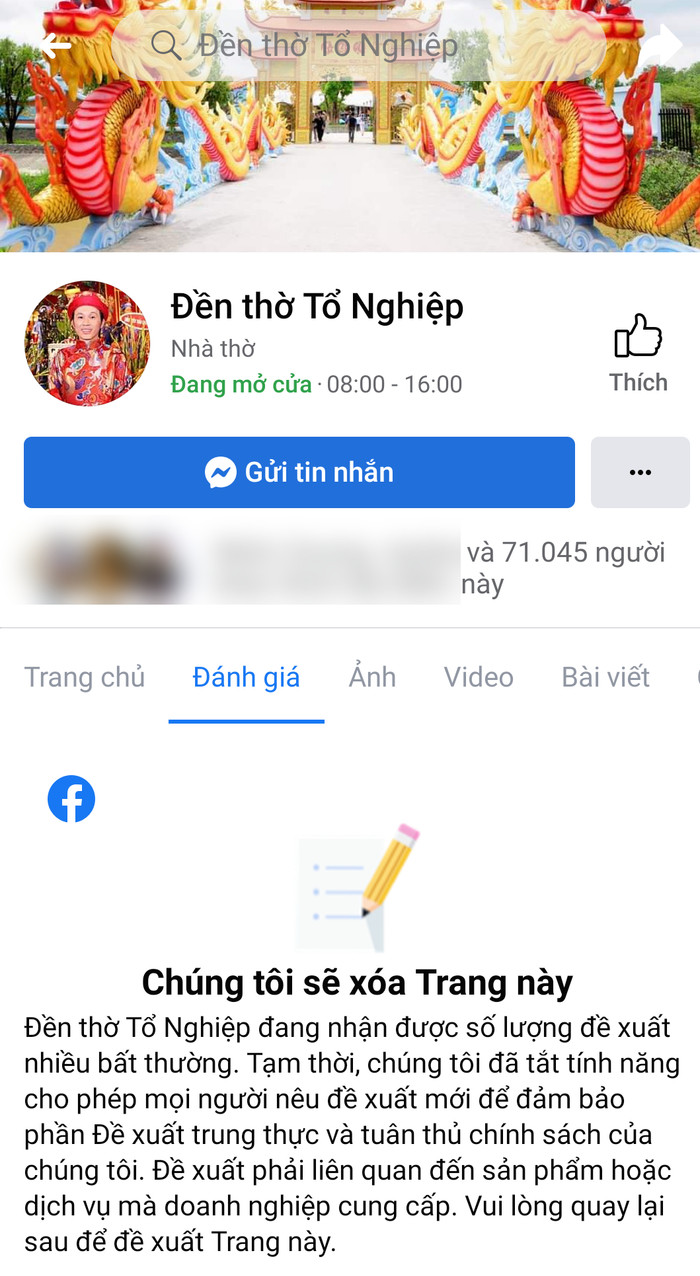 Fanpage Nhà thờ Tổ của Hoài Linh có nguy cơ bị xóa sổ do lượng report quá lớn.
