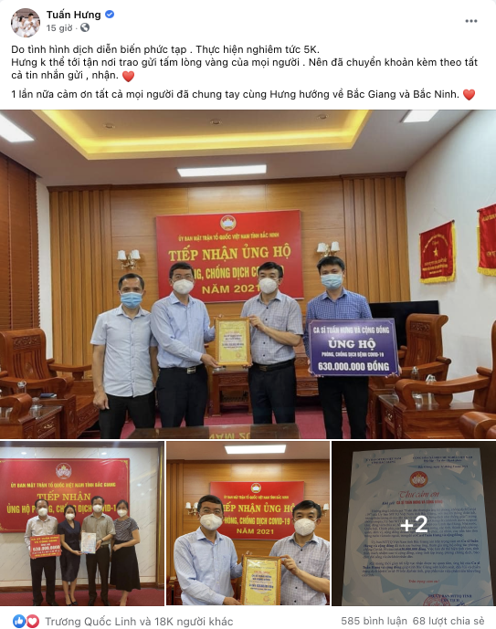 Thế nhưng nam ca sĩ cũng chuyển tới vùng tâm dịch Bắc Giang, Bắc Ninh mỗi tỉnh 630 triệu đồng.