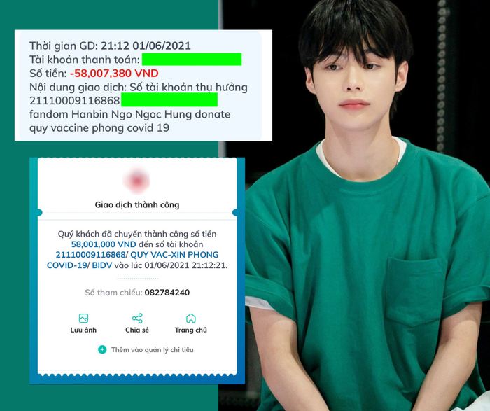 Sau 2 ngày mở quyên góp, fandom Hanbin đã nhận được 58.000.000 đồng và chuyển cho Quỹ Vaccine phòng COVID-19.