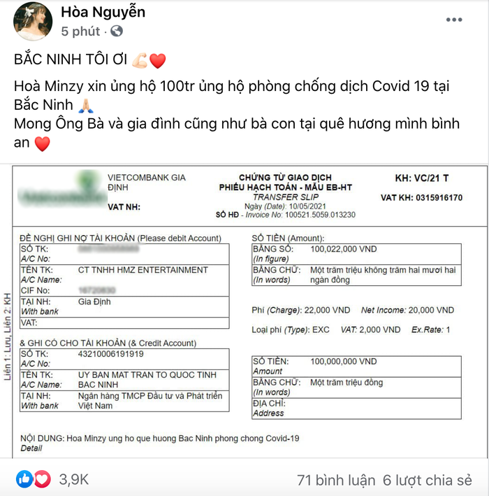 Nữ ca sĩ đã ủng hộ 100 triệu cho công tác phòng chống dịch COVID - 19 tại quê nhà Bắc Ninh.
