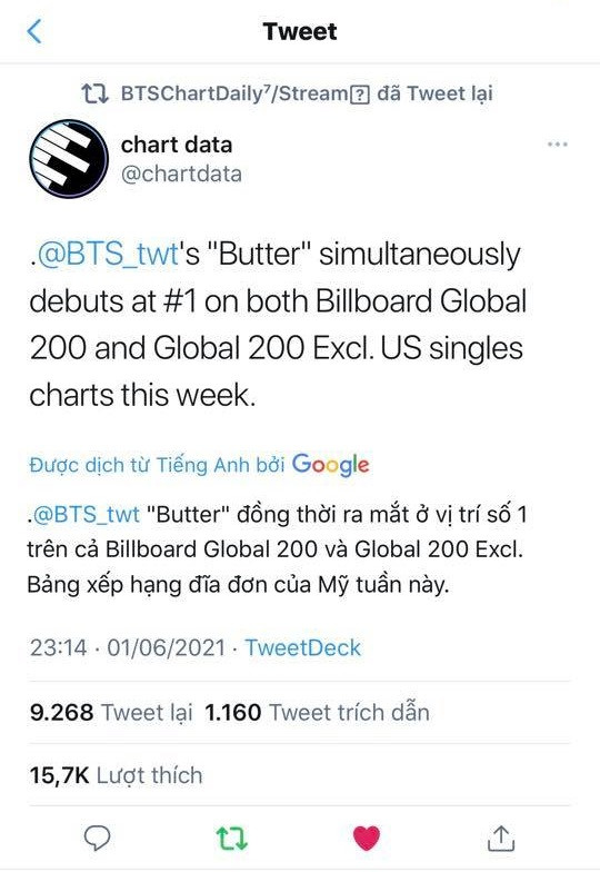 Butter đồng thời debut #1 trên bxh Billboard Global 200 và Global 200 Excl US