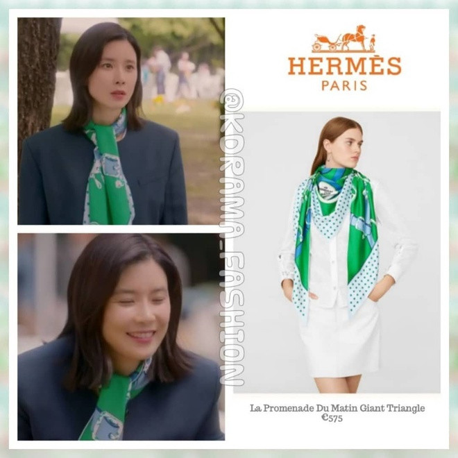 Khi mặc quần áo đơn sắc, Seo Hee Soo sẽ dùng khăn có họa tiết cầu kỳ. Chiếc khăn Hermès của cô có giá 670 USD (15 triệu VNĐ).