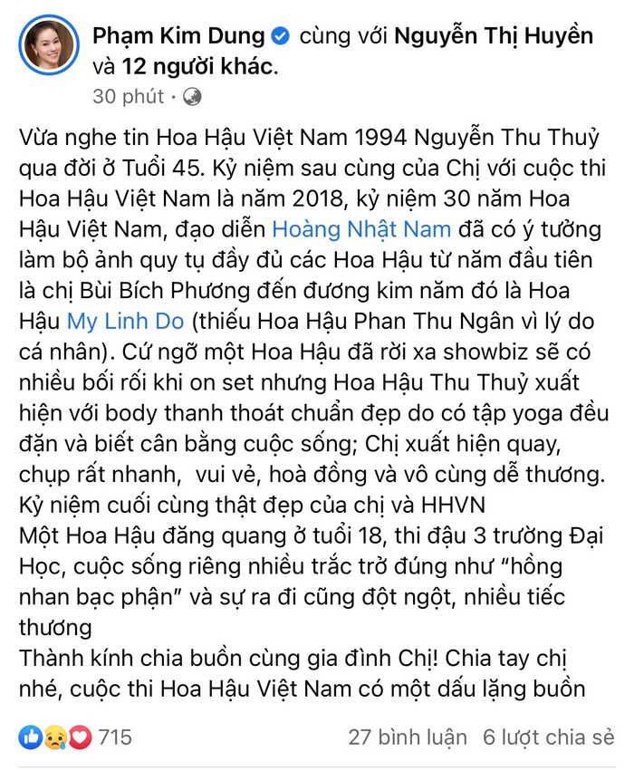 Dàn sao Việt bàng hoàng, tiếc thương trước khi ra đi đột ngột của Hoa hậu Thu Thủy Ảnh 7