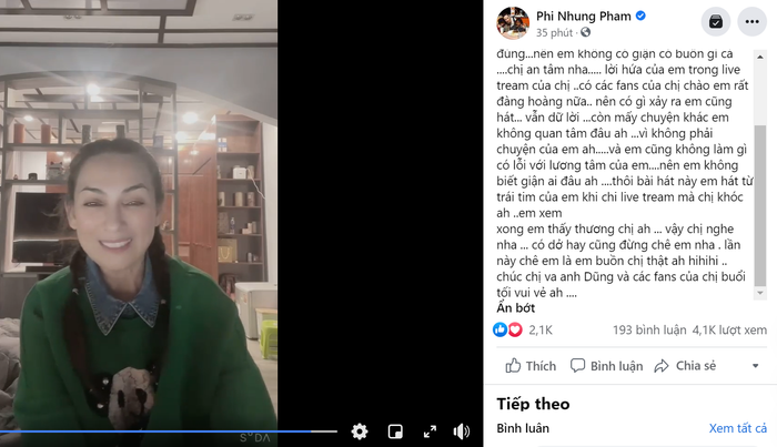 Bài đăng kèm theo đoạn clip của nữ ca sĩ Phi Nhung