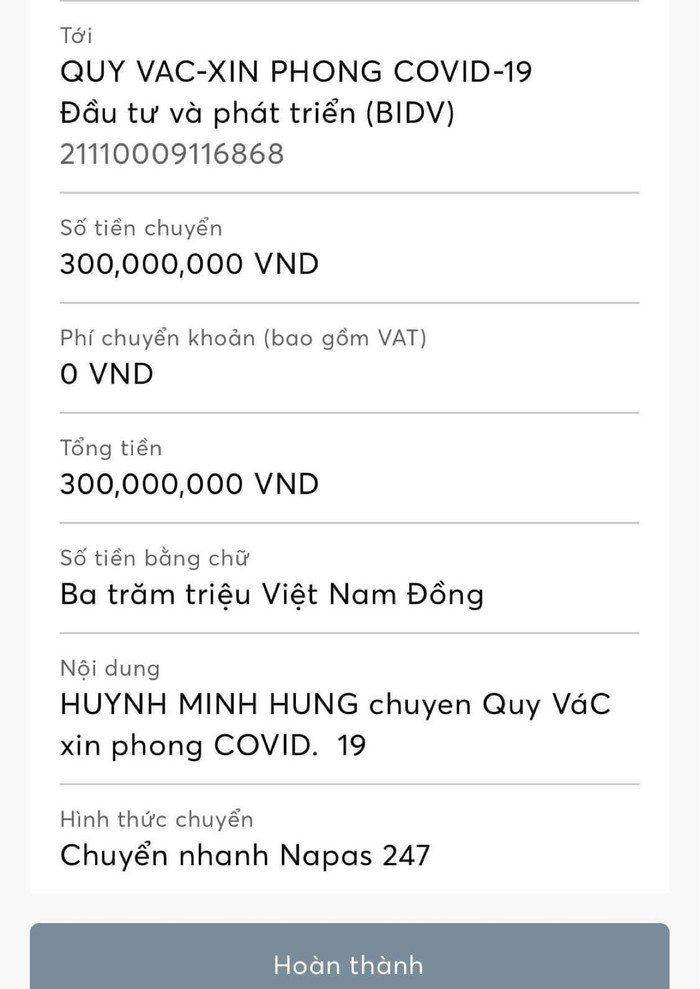 Một trong những hóa đơn chuyển khoản của Mr Đàm.