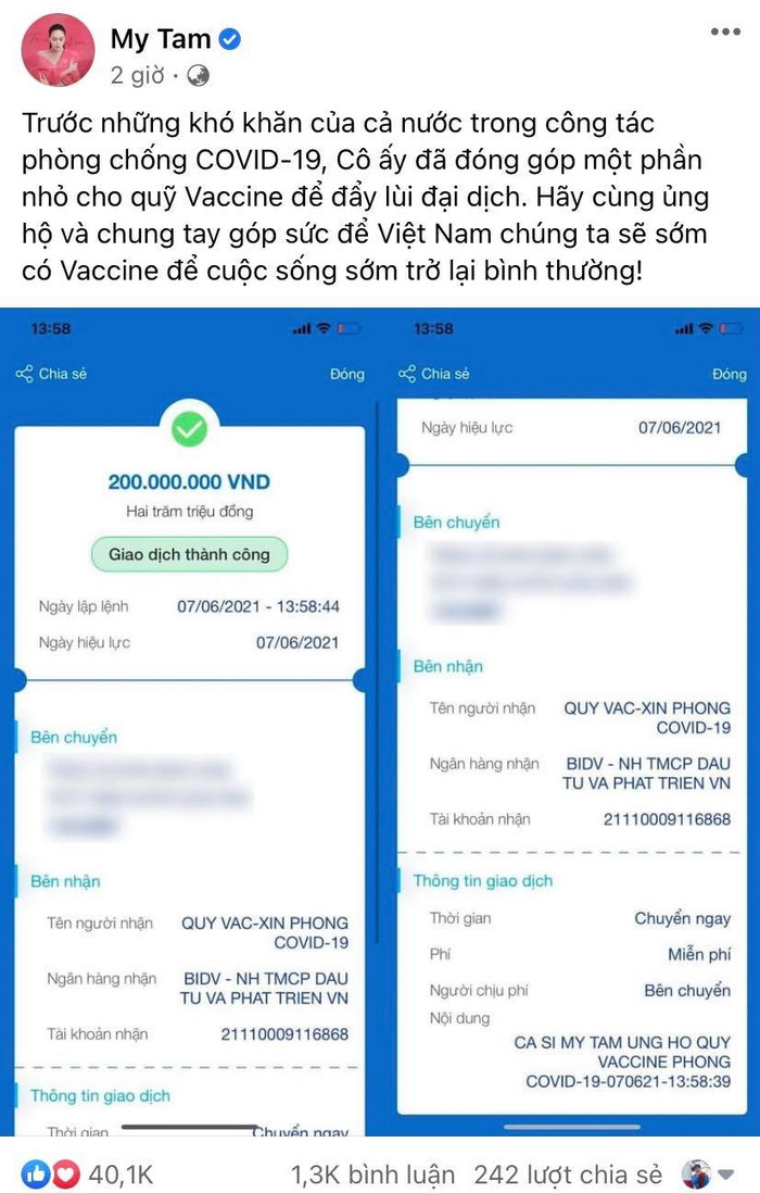 Ca sĩ Mỹ Tâm đã ủng hộ.