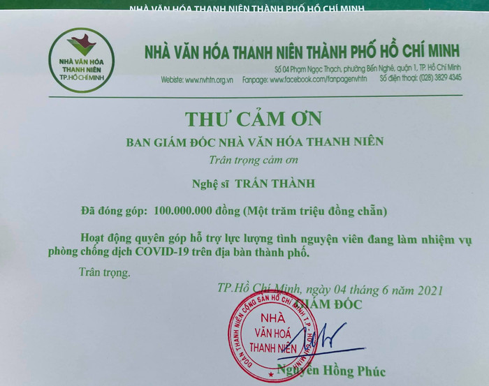 NS Trấn Thành ủng hộ số tiền 'khủng' cho quỹ mua vắc-xin phòng dịch COVID-19 Ảnh 3