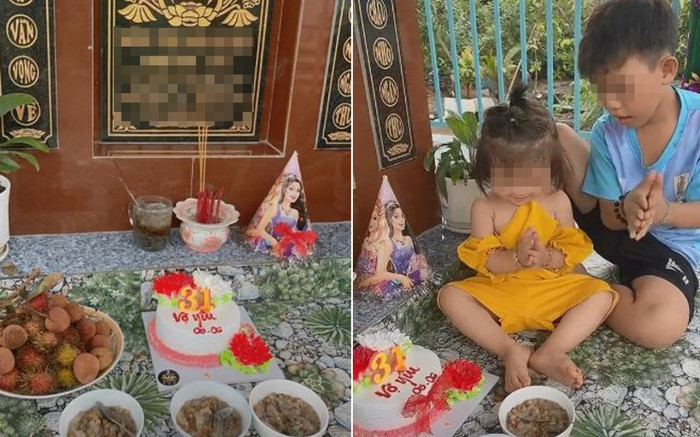 Xúc động cảnh 2 con nhỏ mang bánh gato ra mộ chúc mừng sinh nhật mẹ, nhìn thôi đã chảy nước mắt Ảnh 2