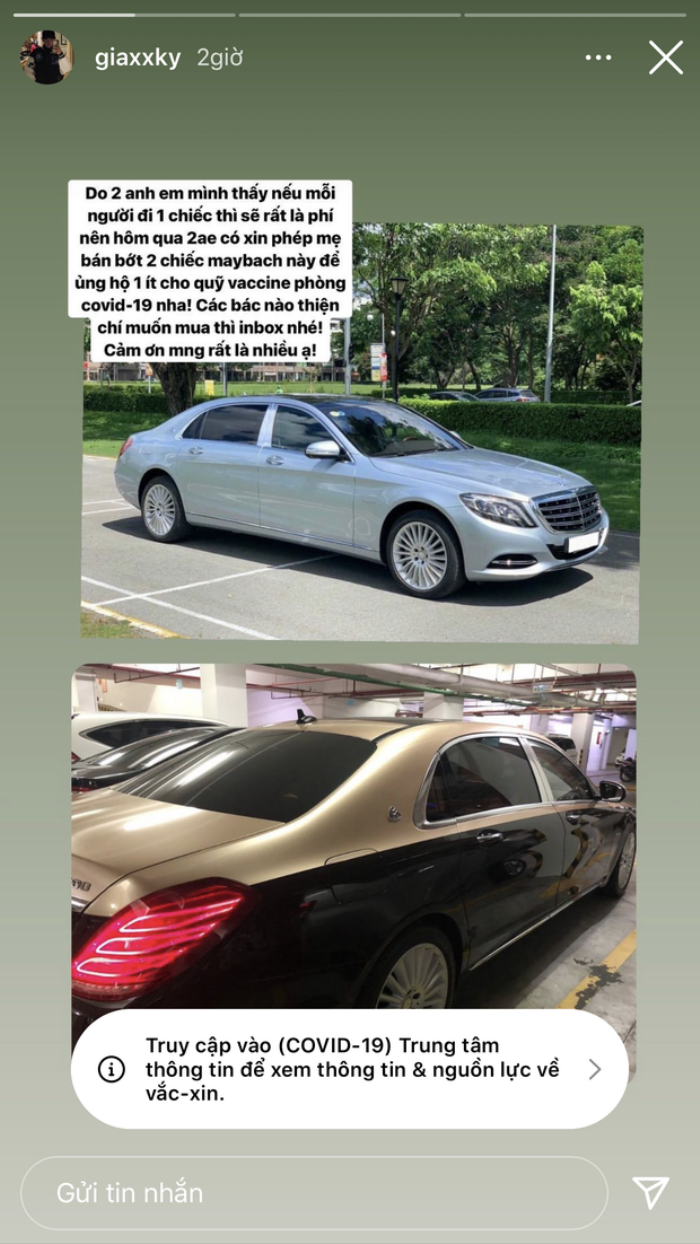 Rich kid Gia Kỳ tiếp tục gây 'choáng' khi rao bán 2 chiếc Maybach để ủng hộ quỹ vaccine phòng Covid-19 Ảnh 2