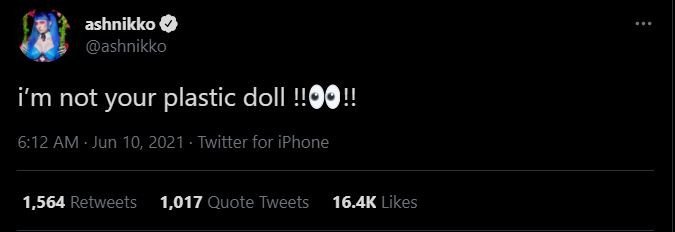 Ashnikko đã tweet một lời nhạc trong ca khúc Plastic Doll của Lady Gaga. Đây là một động thái hiếm hoi đến từ phía nữ ca sĩ trẻ tuổi.