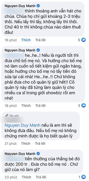 Dòng bình luận gây chú ý được cho là của ca sĩ Duy Mạnh.