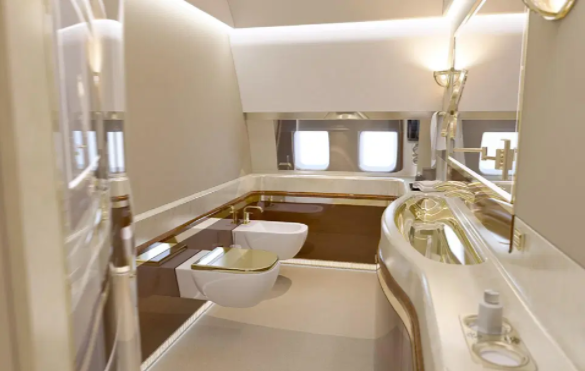 Phòng tắm trên máy bay với bệ ngồi toilet dát vàng.