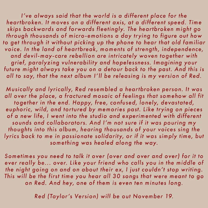 Bên cạnh artwork của sản phẩm, Taylor cũng đã gửi kèm tâm thư của mình đến fan. Trong đó có nhắc đến một ca khúc dài 10 phút mà fan luôn luôn đón chờ.
