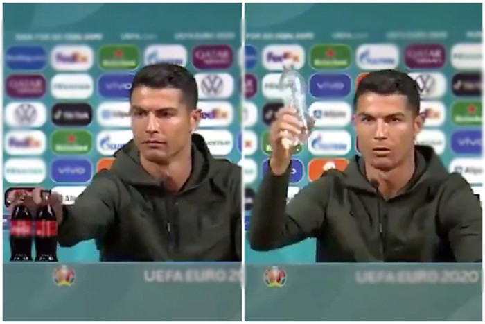Hình ảnh Ronaldo gạt chai nước ngọt ra khỏi màn hình.