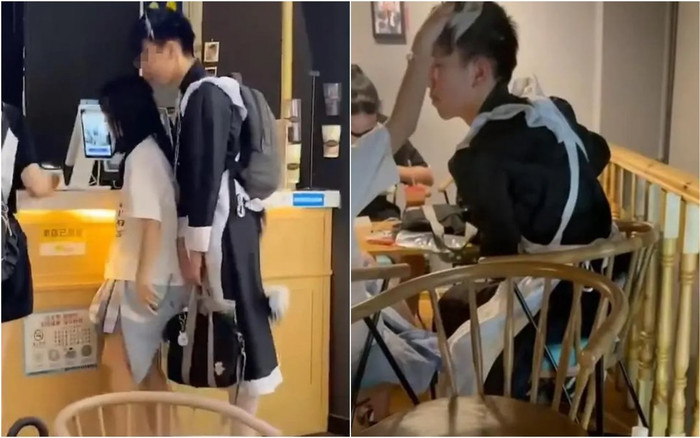 Chàng trai mặc trang phục hầu gái, đeo xích vào cổ để bạn gái dắt như thú cưng giữa trung tâm thương mại Ảnh 2