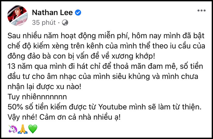 Dòng trạng thái được Nathan Lee chia sẻ trên trang cá nhân