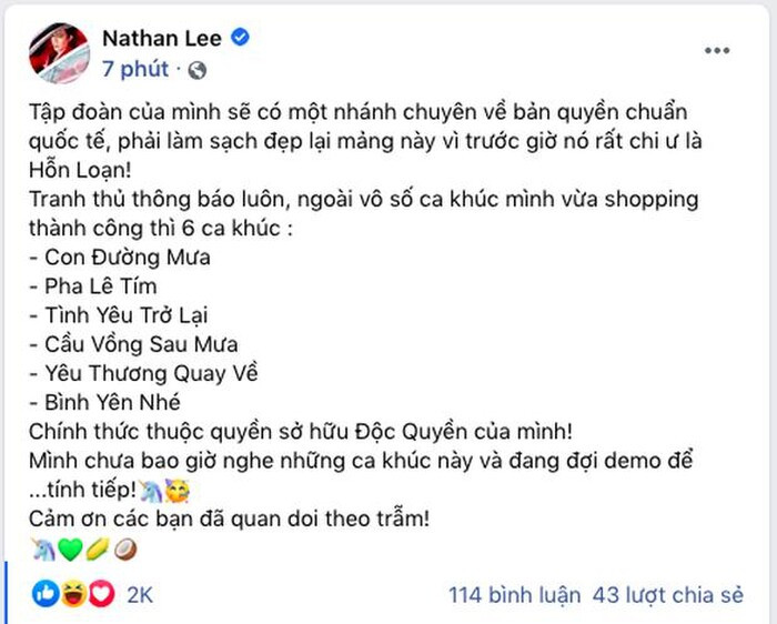 Nathan Lee xác nhận đã chốt đơn 6 bài hit của Cao Thái Sơn vào ngày 15/6 vừa qua