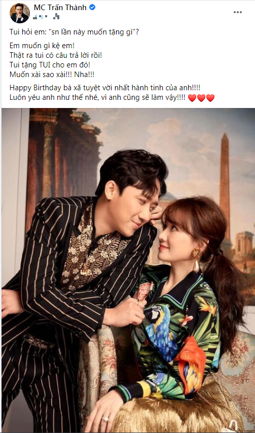 Trấn Thành gửi lời chúc mừng sinh nhật đến Hari Won, dân tình 'lịm tim' vì quá đỗi ngọt ngào.