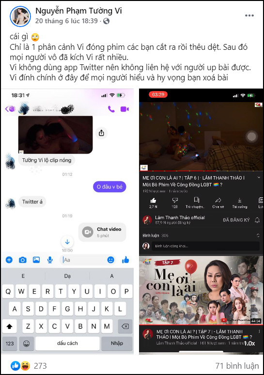 Tường Vi đã nhanh chóng đăng bài giải thích về clip được lan truyền trên mạng xã hội.