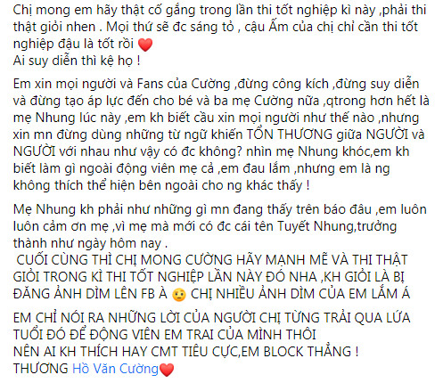 Nguyên văn bài đăng của con gái nuôi Phi Nhung nhắn nhủ đến Hồ Văn Cường và mẹ nuôi Phi Nhung.