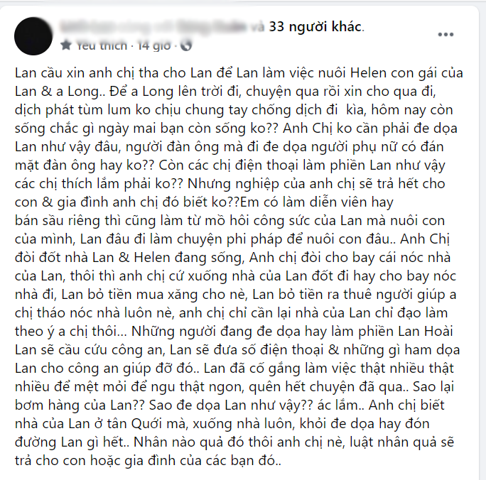 Bài đăng của vợ hai cố ca sĩ Vân Quang Long
