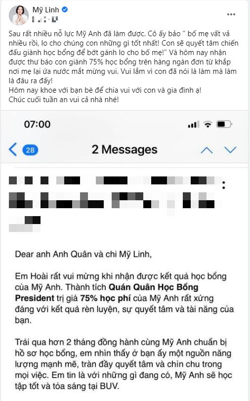 Diva Mỹ Linh tự hào khoe con gái Mỹ Anh giành được 75% học bổng đại học.