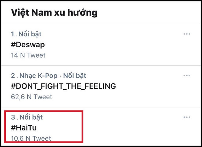 Hashtag #HaiTu bất ngờ lọt top 3 trending Twitter