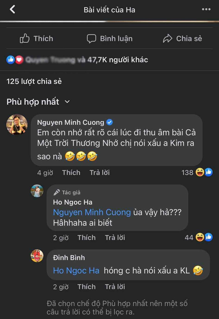 Dòng bình luận 'tố' Hồ Ngọc Hà của Nguyễn Minh Cường thu hút đông đảo khán giả.