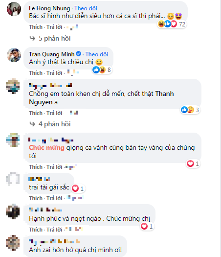 Ca sĩ Hồng Nhung và nhiều bạn bè, khán giả hâm mộ đều để lại bình luận khen ngợi, chúc phúc cho cặp đôi.