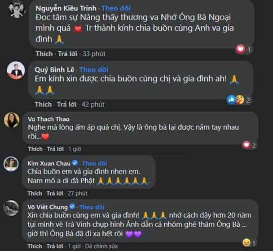 Đông đảo sao Việt như diễn viên Kiều Trinh, Lý Bình, nghệ sĩ Kim Xuân, đạo diễn Võ Thạch Thảo,... gửi lời chia buồn đến Hồng Ánh cùng gia đình.