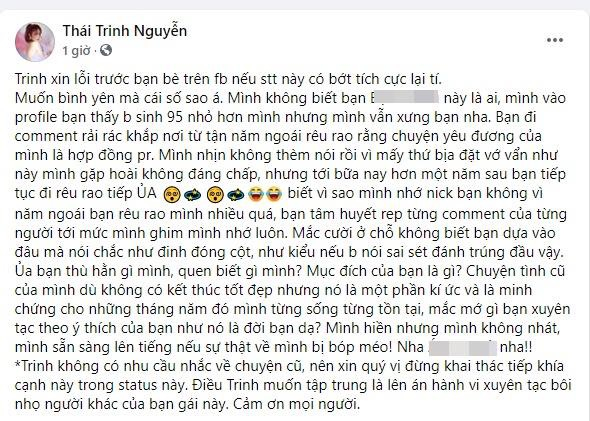 Bài đăng của Thái Trinh trên trang cá nhân.
